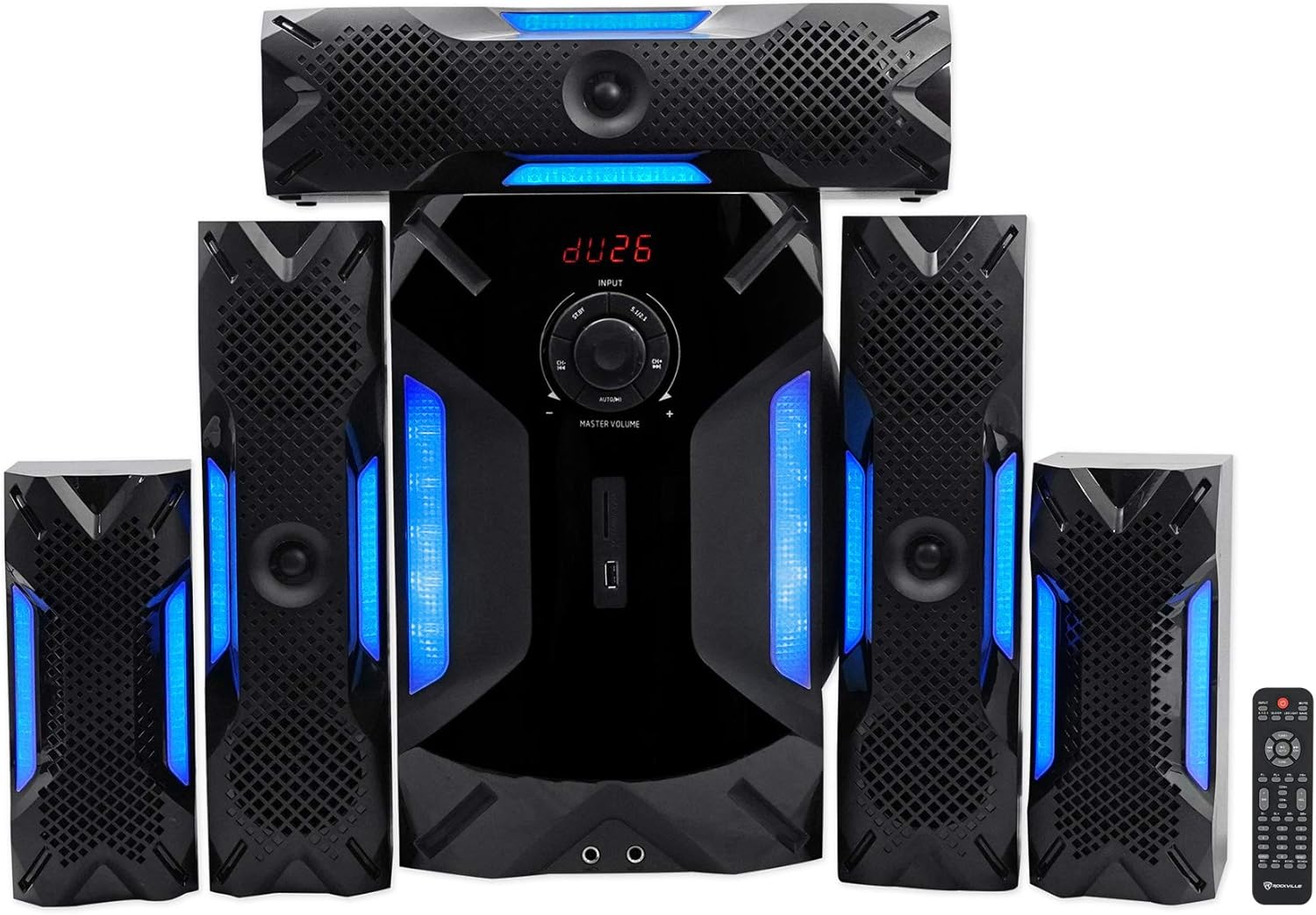 Rockville HTS56 1000W 5.1 Channel Home Theater System, Bluetooth, USB, 8" Subwoofer, LED Light Effects, Remote Control, Optical Input, for Movies, Music & Karaoke - Image 2