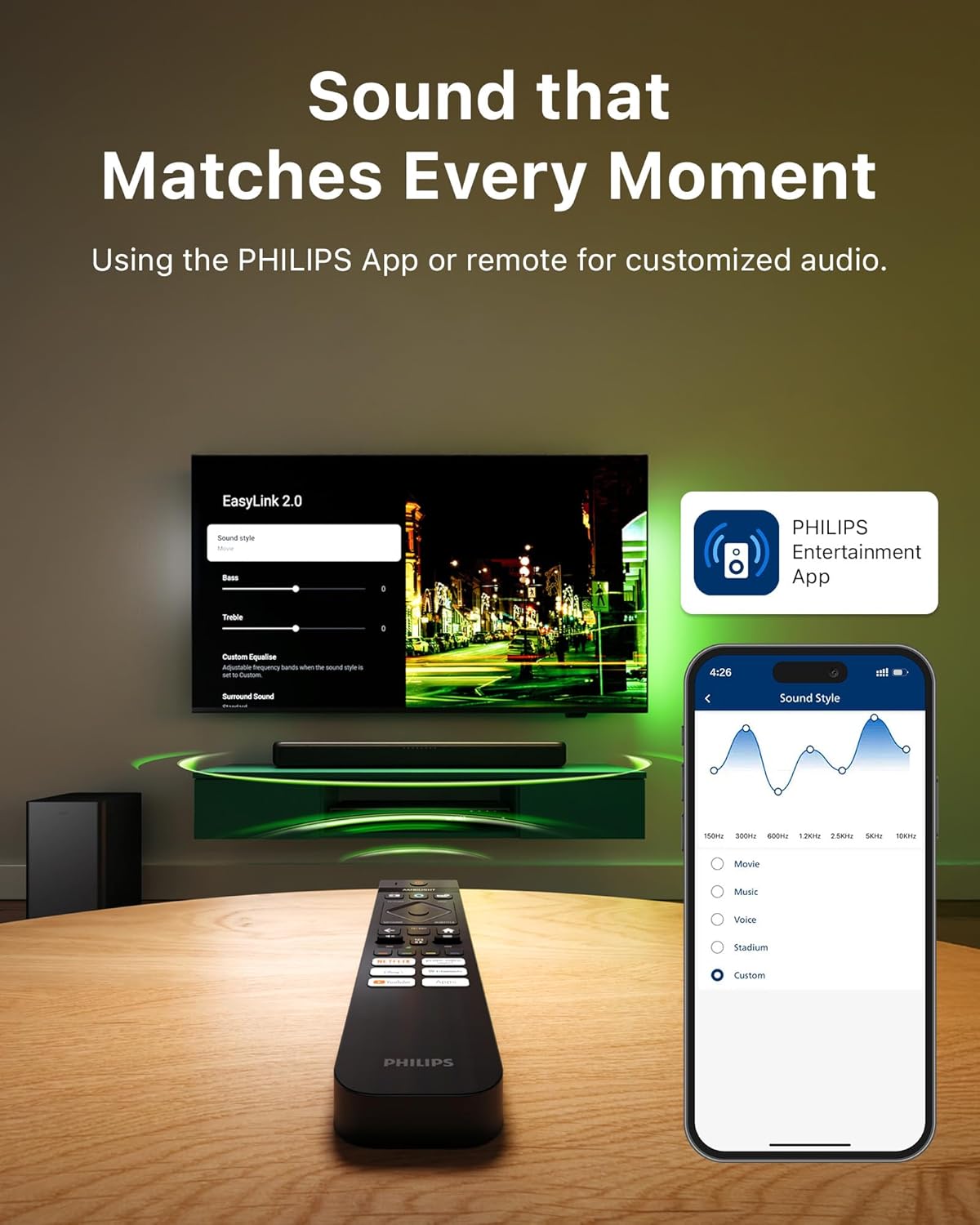 PHILIPS B5309 Soundbar 2.1 with Wireless Subwoofer and Immersive DTS Virtual:X Audio Technology - 240W Max Power, Deep Bass, Bluetooth 5.4, Four EQ Modes, HDMI ARC and USB connectivity - Dark Grey - Image 5