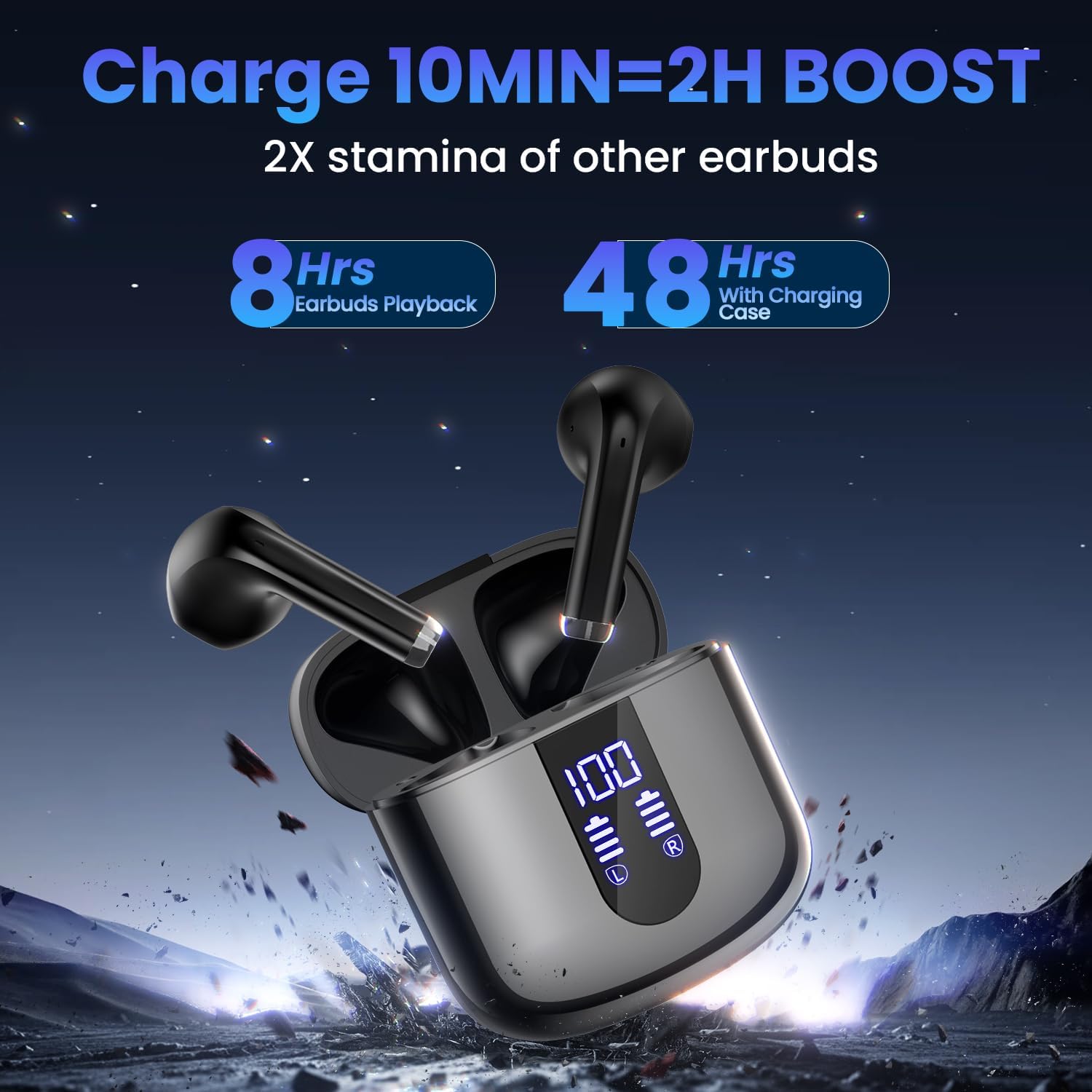 Wireless Earbuds, Bluetooth Headphones with Deep Bass Stereo, 48H Playback Ear Buds with LED Power Display, Lightweight, IPX7, in-Ear Earphones with Mic for iPhone/Android/iPad, Black - Image 3