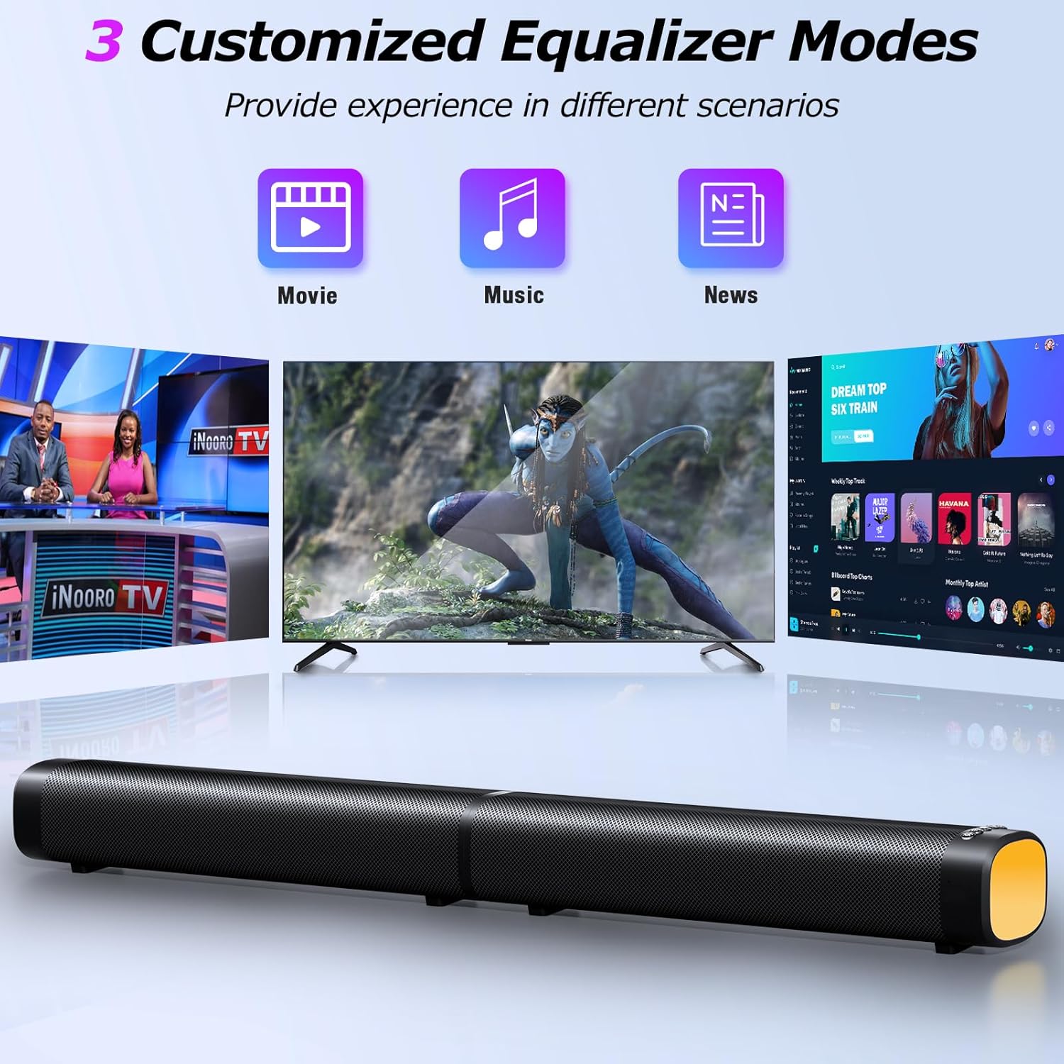 Sound Bar,100W Sound Bar for Smart TV with 3 RGB Lights Modes, Bluetooth 5.3, ARC/Opt/AUX Connect, Detachable 2-in-1 Speaker, 3 Equalizer Modes, Bass Surround Soundbar for TV/PC/Gaming/Projectors - Image 4