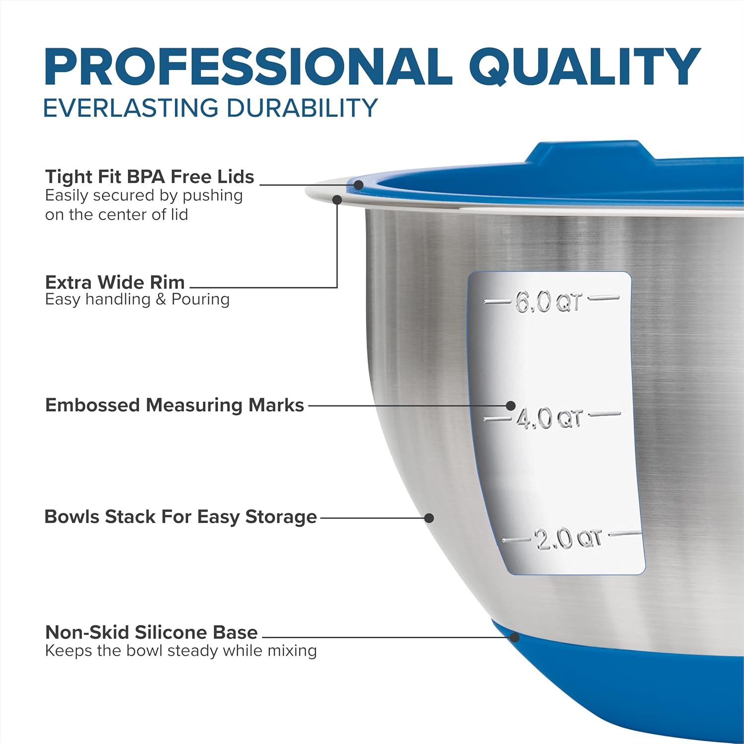 VIKING Mixing Bowls Set, 10 Piece Stainless Steel Kitchen Cookware, Non-Slip Silicone Base, Includes Tight Fit Lids, Dishwasher Safe, Blue - Image 3