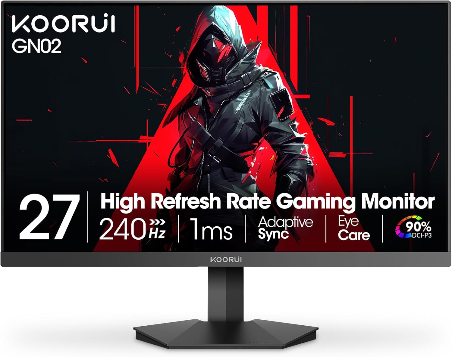 KOORUI GN02 27-inch 240Hz Gaming Monitor, 1ms FHD 1080p, G-SYNC and FreeSync Premium, HDMI 2.0/DP 1.4, Xbox PS5 Switch Ready, VESA, Tilt, Black