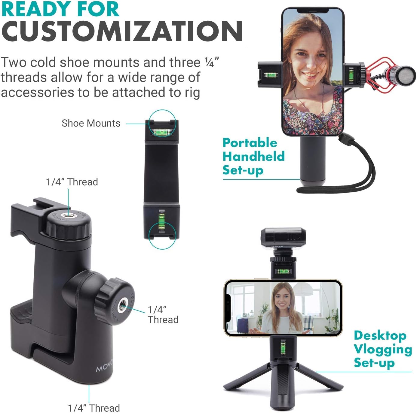 Movo PR-3 Rotating Smartphone Grip Handle Rig with Vertical and Horizonal Positions, Wrist Strap, Tripod Mount, Cold Shoe Mount for Lights and Microphones - for iPhone, Samsung, Google, Android Phones - Image 7