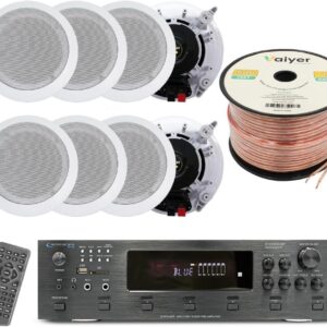Vaiyer Home Theater System Kit, 6-Channel 6000 Watts Bluetooth Amplifier with 5.25″ 8 Qty of 175 W Each in-Wall in-Ceiling Speakers & 16 Gauge 500 ft. Speaker Wire Surround Sound System