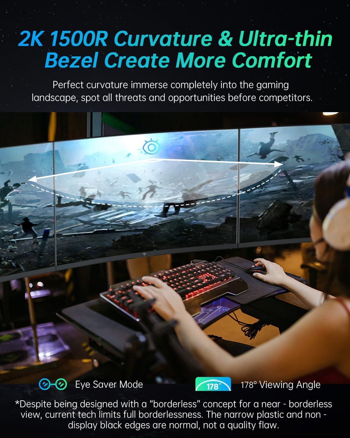 KTC 27 inch Gaming Monitor, 1440P Curved Monitor, 180Hz, 144Hz, 2K, 1500R, 1ms, FreeSync/G-Sync Compatible, DisplayPort/HDMI/USB, Ultrawide PC Vesa/Wall Mount Computer Monitor, H27S17 - Image 3