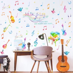 Yovkky Watercolor Music is Life Wall Decal Sticker, Peel Stick Musical Instrument Note Polka Dot Nursery Classroom Decor, Home Studio Piano Guitar Violin Saxophone Decoration Kid Bedroom Playroom Art