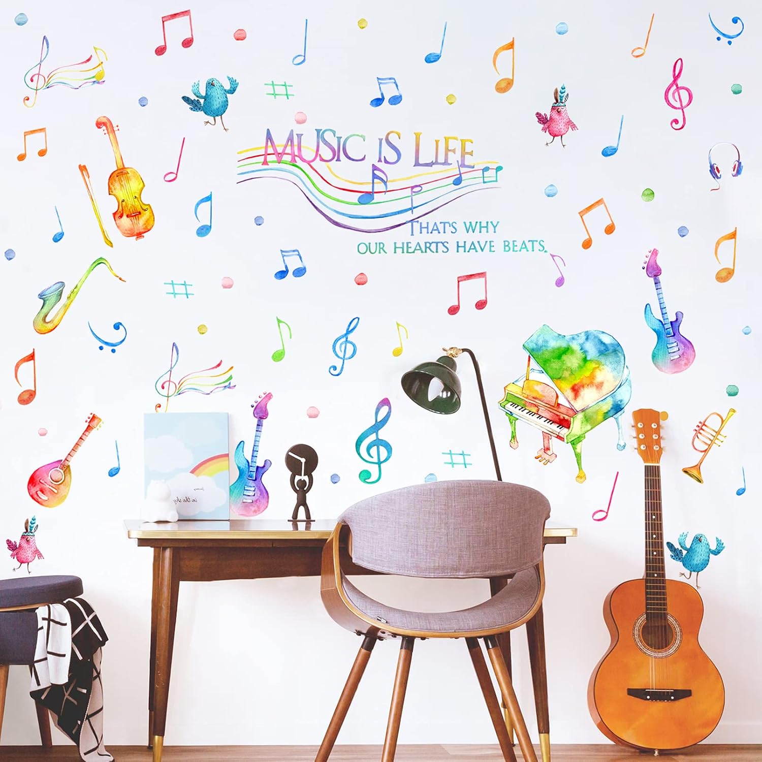 Yovkky Watercolor Music is Life Wall Decal Sticker, Peel Stick Musical Instrument Note Polka Dot Nursery Classroom Decor, Home Studio Piano Guitar Violin Saxophone Decoration Kid Bedroom Playroom Art