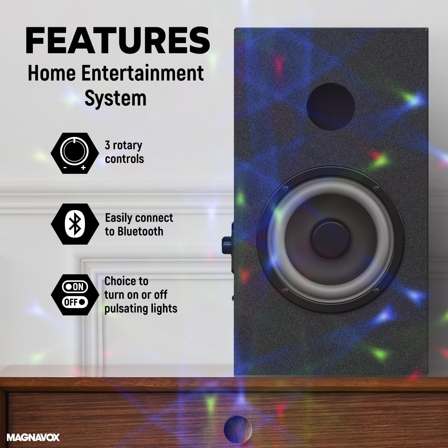 Magnavox MHT990 2.1 Home Entertainment System with Bluetooth Wireless Technology and Color Changing Lights in Black | AUX Port | Subwoofer with 2 Speakers | Pulsing Lights | - Image 3