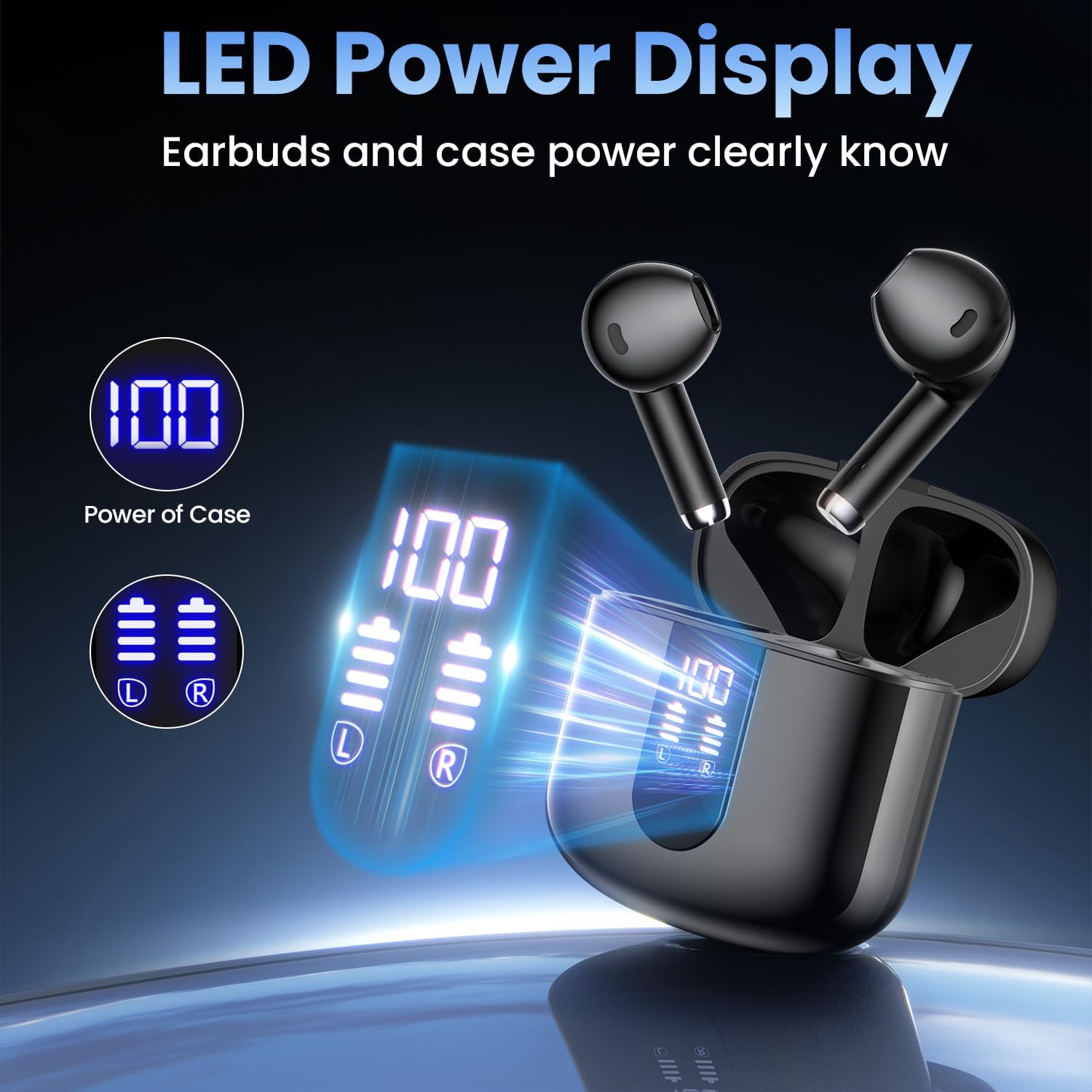 Wireless Earbuds, Bluetooth Headphones with Deep Bass Stereo, 48H Playback Ear Buds with LED Power Display, Lightweight, IPX7, in-Ear Earphones with Mic for iPhone/Android/iPad, Black - Image 6