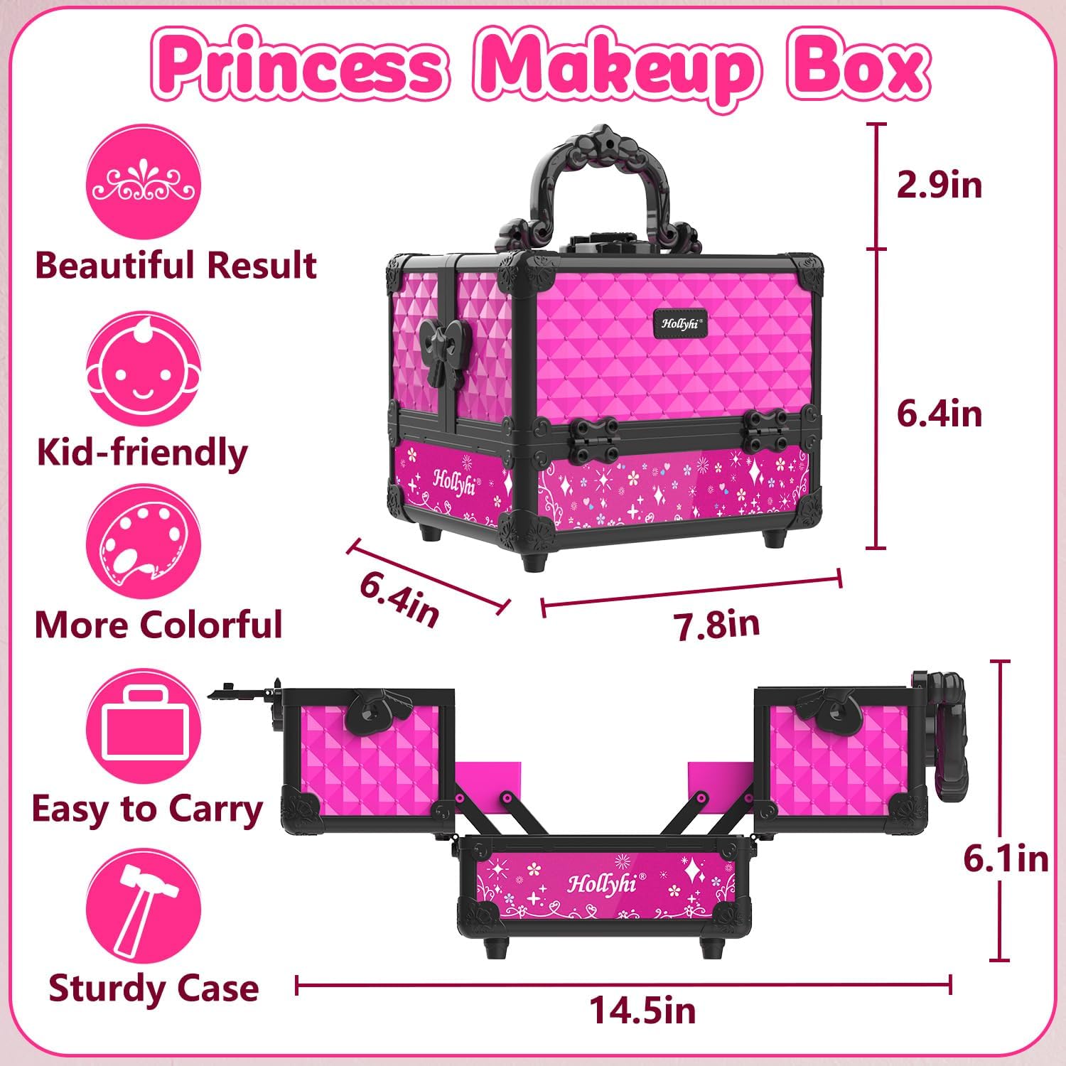 Hollyhi 59 Pcs Kids Makeup Kit for Girl, Washable Play Makeup Toys Set for Dress Up, Pretend Beauty Vanity Set with Cosmetic Case Birthday Toys for Girls 3 4 5 6 7 8 9 10 11 12 Year Old Kids Toddlers - Image 6