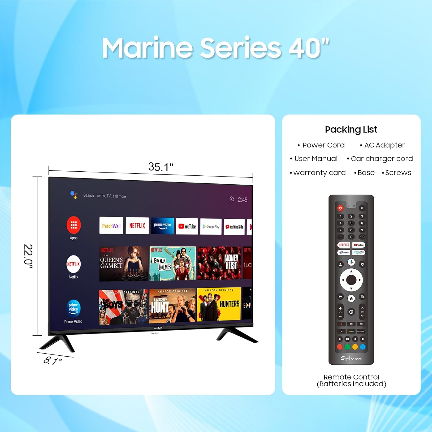 SYLVOX 12 Volt TV, 40" Smart Television 1080P with Google OS Support Voice Remote Screencast ATSC NTSC WiFi Bluetooth HDMI USB, AC/DC Powered, 12V TV for RV Camper Boat Coastal Home (Marine Series) - Image 9