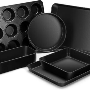 E-far 6-Piece Bakeware Sets, Nonstick Stainless Steel Baking Pans Set – 8×8 Square/Round Cake Pan/Muffin/Loaf Pan/Roasting Tray/Cookie Sheet – for Kitchen Oven Cooking Lasagna Brownie Casserole, Black