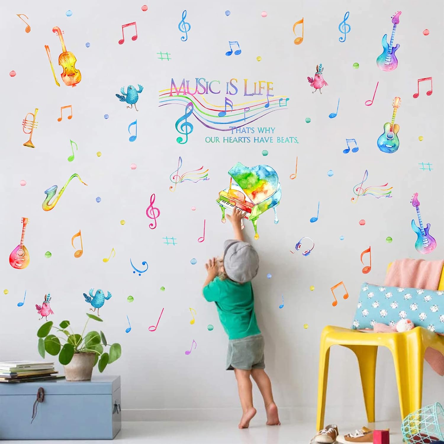 Yovkky Watercolor Music is Life Wall Decal Sticker, Peel Stick Musical Instrument Note Polka Dot Nursery Classroom Decor, Home Studio Piano Guitar Violin Saxophone Decoration Kid Bedroom Playroom Art - Image 4