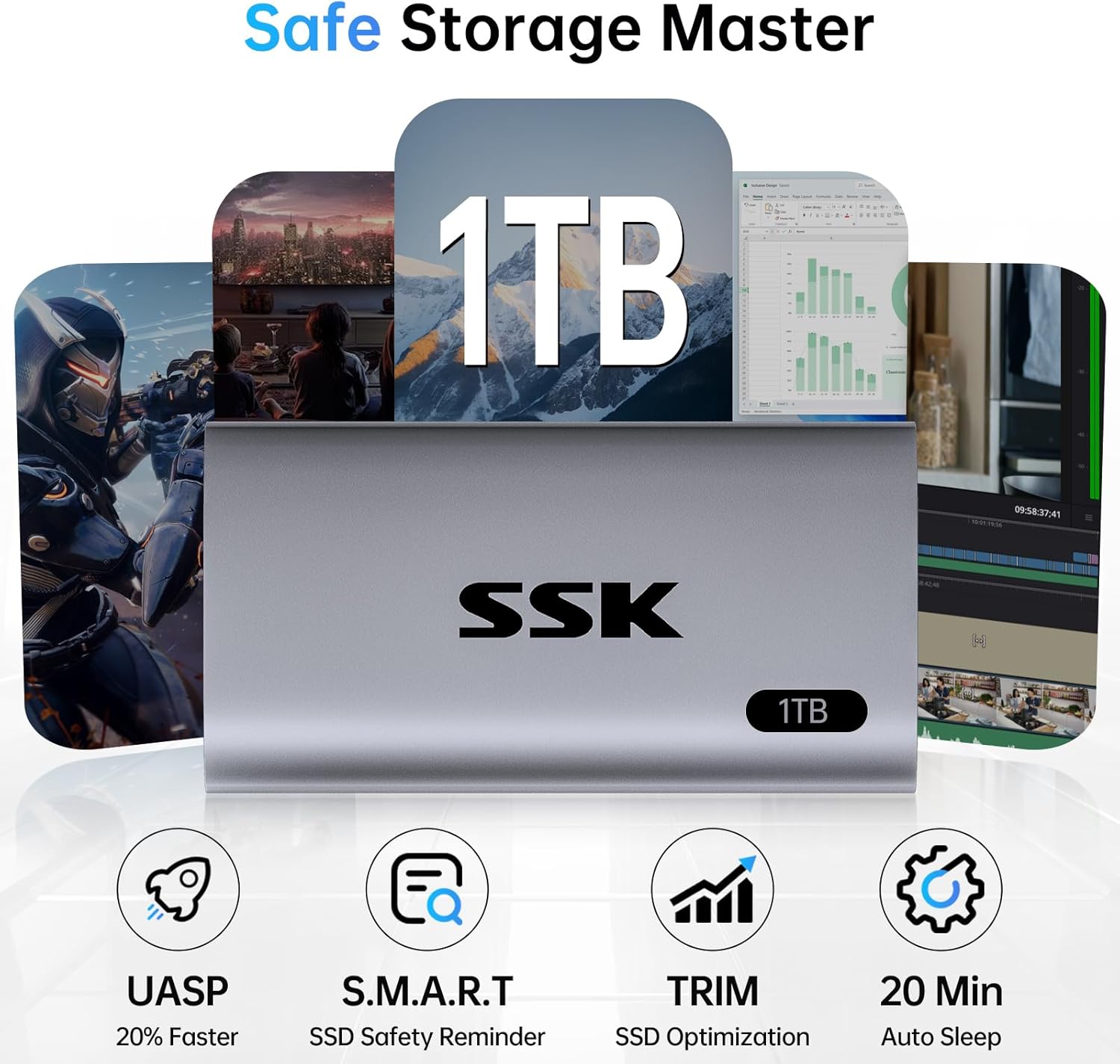 SSK 1TB SSD External Hard Drive, Portable SSD Up to 550MB/s Fast Solid State Drives, External Drive USB 3.2 Gen2 for iPhone 15/Pro, Windows, Mac, Android with LED Light, Trim, Smart Supported - Image 4