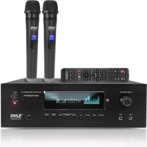 Pyle 1000W 5.2 Channel Home Theater Receiver – Bluetooth 5.0 – Amp w/ 2 UHF Wireless Mics – 4K UHD/3D/Blu-ray Pass-Through – MP3/USB/HDMI/AM/FM Radio – DSP EQ – Mic Echo & Volume Controls – PT888BTWM