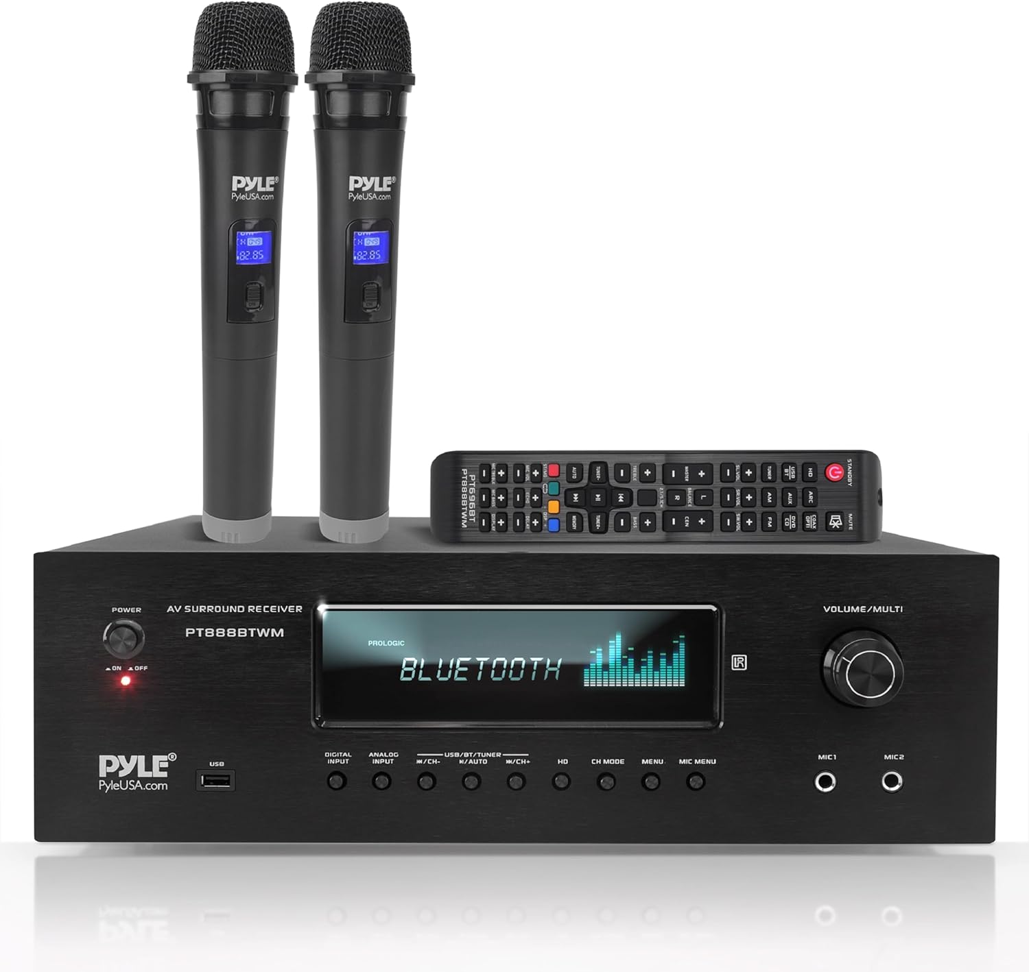 Pyle 1000W 5.2 Channel Home Theater Receiver - Bluetooth 5.0 - Amp w/ 2 UHF Wireless Mics - 4K UHD/3D/Blu-ray Pass-Through - MP3/USB/HDMI/AM/FM Radio - DSP EQ - Mic Echo & Volume Controls - PT888BTWM
