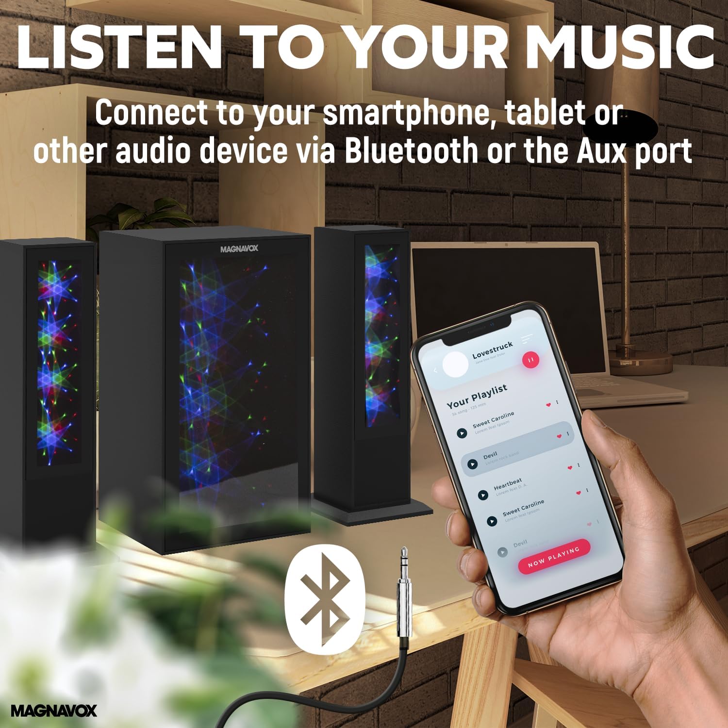 Magnavox MHT990 2.1 Home Entertainment System with Bluetooth Wireless Technology and Color Changing Lights in Black | AUX Port | Subwoofer with 2 Speakers | Pulsing Lights | - Image 4