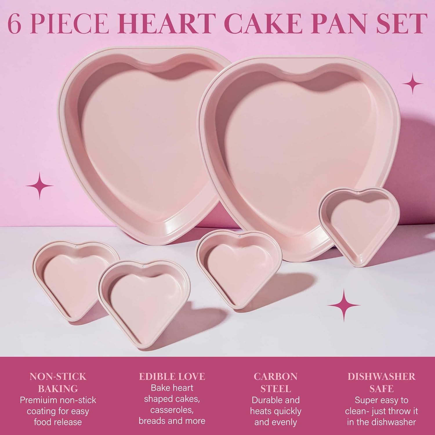 Paris Hilton Heart Shaped Nonstick Bakeware Set, Easy Release Carbon Steel, Includes two 9.5-Inch Pans and four Mini 3.5-Inch Pans, Dishwasher Safe, Made without PFAS or PFOA, 6-Piece Set, Pink - Image 3