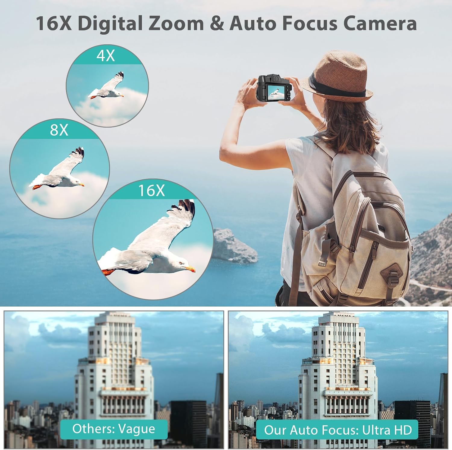 4K Digital Camera for Photography & Vlogging, 56MP YouTube Camera with WiFi, 3" 180° Flip Screen, 16X Digital Zoom, 52mm Wide Angle & Macro Lens, 32GB TF Card, 2 Batteries – Black - Image 6