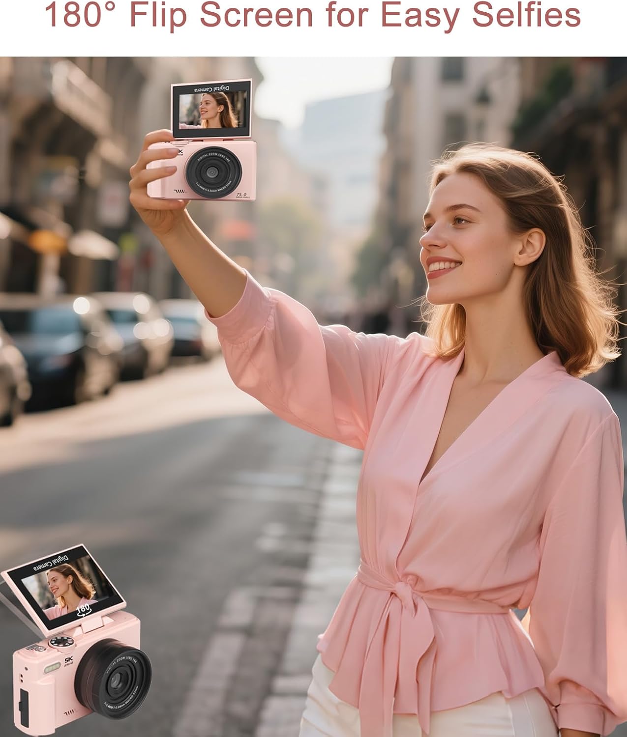 FLATIC Digital Camera, 5K 75MP Cameras for Photography with WiFi & 64GB TF Card, Autofoucs Vlogging Camera for YouTube with 180° Flip Screen, Compact Vlog Travel Camera Kit for Beginner, Teens, Pink - Image 5