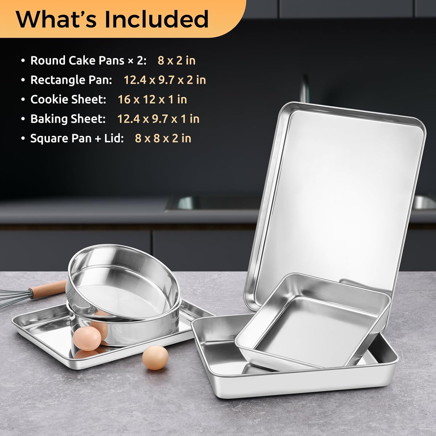 E-far Stainless Steel Baking Pan Set, 6-Piece Metal Bakeware Sets Include Cookie Sheet, Round Square Rectangle Cake Pans, Non-toxic & Dishwasher Safe - Image 2