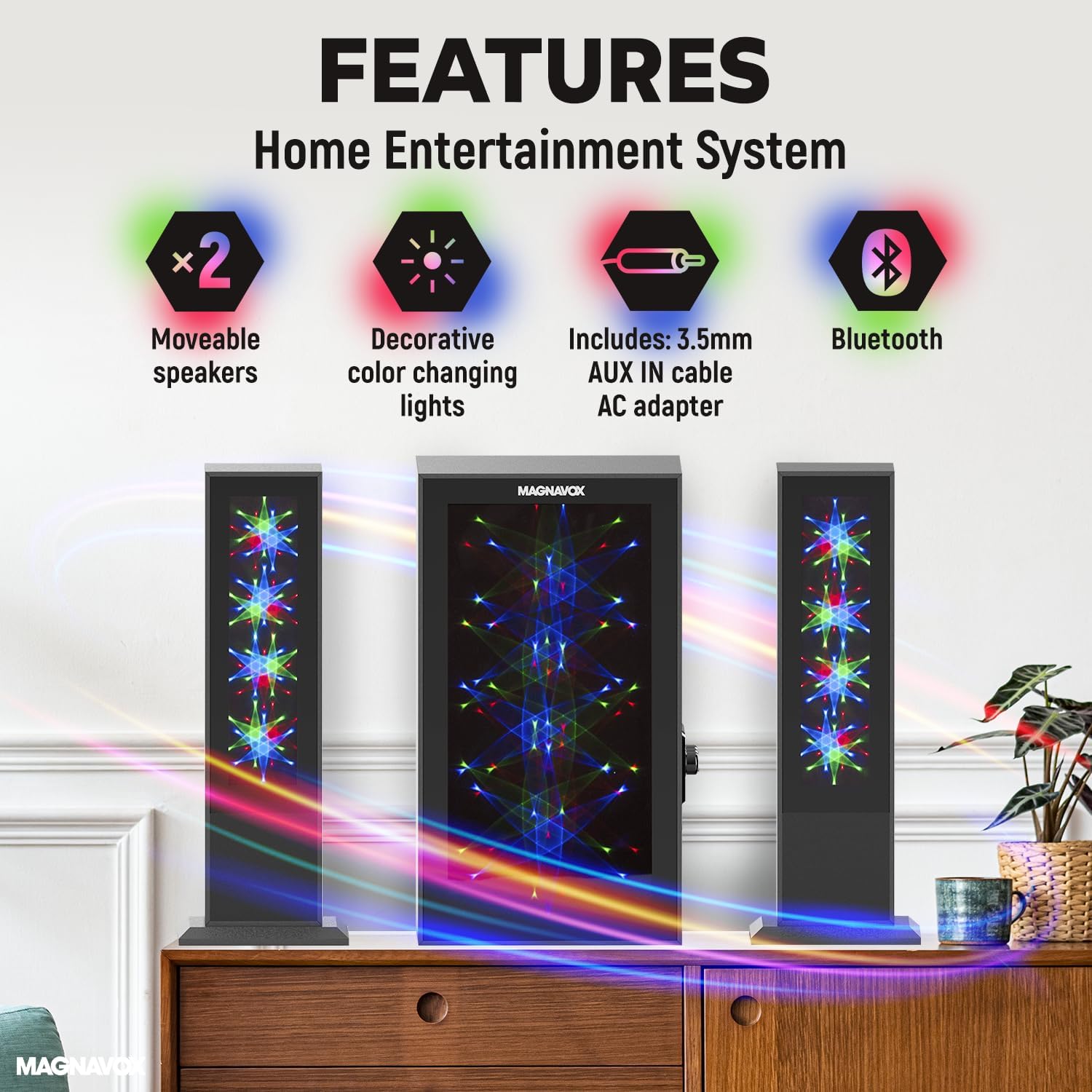 Magnavox MHT990 2.1 Home Entertainment System with Bluetooth Wireless Technology and Color Changing Lights in Black | AUX Port | Subwoofer with 2 Speakers | Pulsing Lights | - Image 2