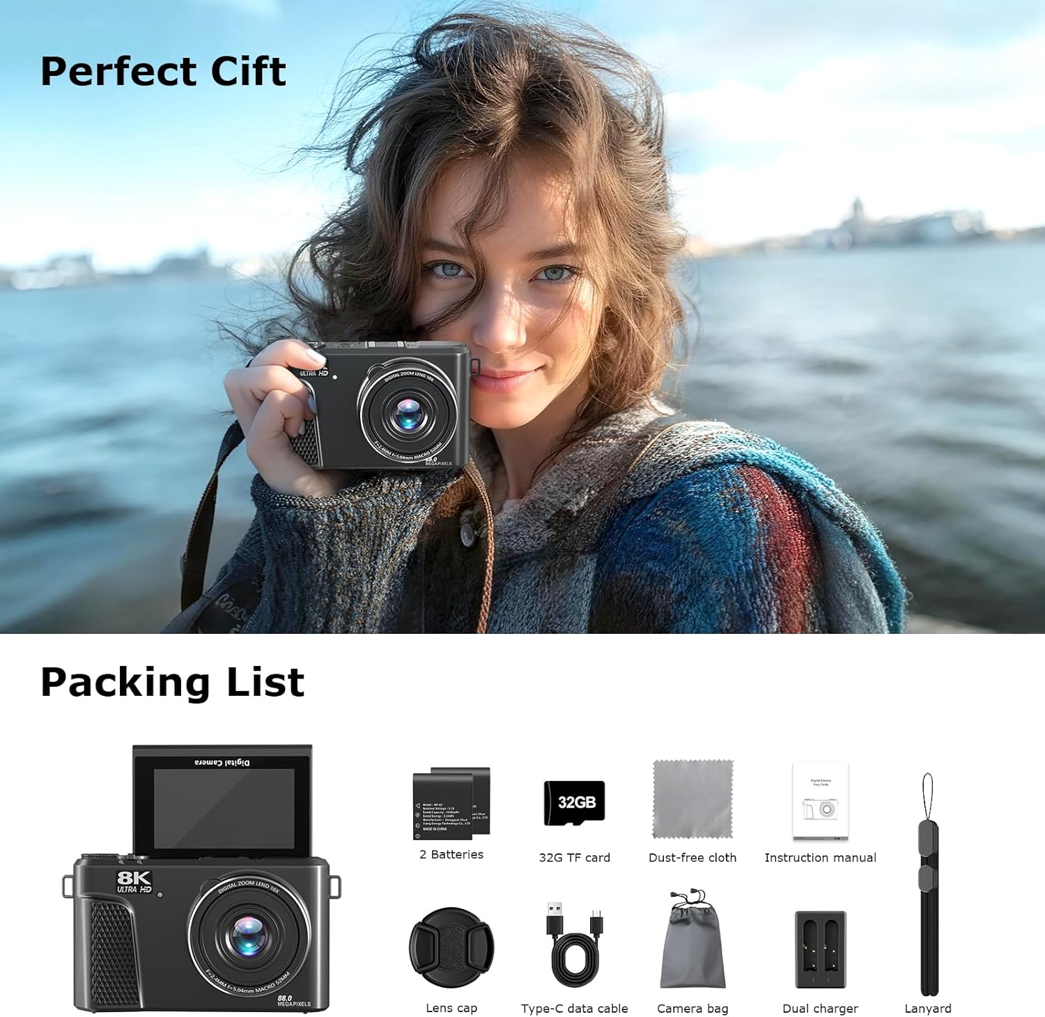 Camera for Photography, 8K 88MP Digital Camera for YouTube, Vlogging Camera with 3" 180° Flip Screen, Fill Light, WiFi, Filters, Beauty Features Includes 32GB Micro SD Card and 2 Batteries(Gunmetal) - Image 9