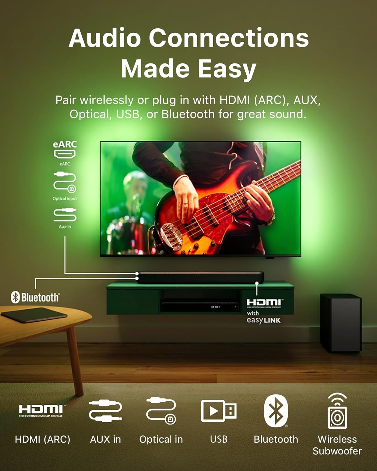 PHILIPS B5309 Soundbar 2.1 with Wireless Subwoofer and Immersive DTS Virtual:X Audio Technology - 240W Max Power, Deep Bass, Bluetooth 5.4, Four EQ Modes, HDMI ARC and USB connectivity - Dark Grey - Image 6