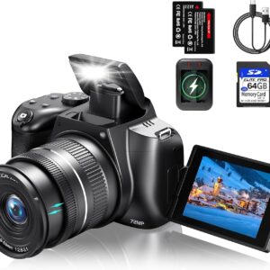 4K Digital Cameras for Photography, Autofocus 12X Optical Zoom 72MP Vlogging Camera for YouTube, Photography Camera with 270°Flip Screen, Wi-Fi & App-Controlled 4K Cameras, 2 Batteries, 64GB SD Card