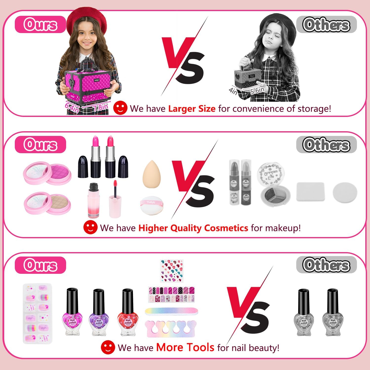 Hollyhi 59 Pcs Kids Makeup Kit for Girl, Washable Play Makeup Toys Set for Dress Up, Pretend Beauty Vanity Set with Cosmetic Case Birthday Toys for Girls 3 4 5 6 7 8 9 10 11 12 Year Old Kids Toddlers - Image 3