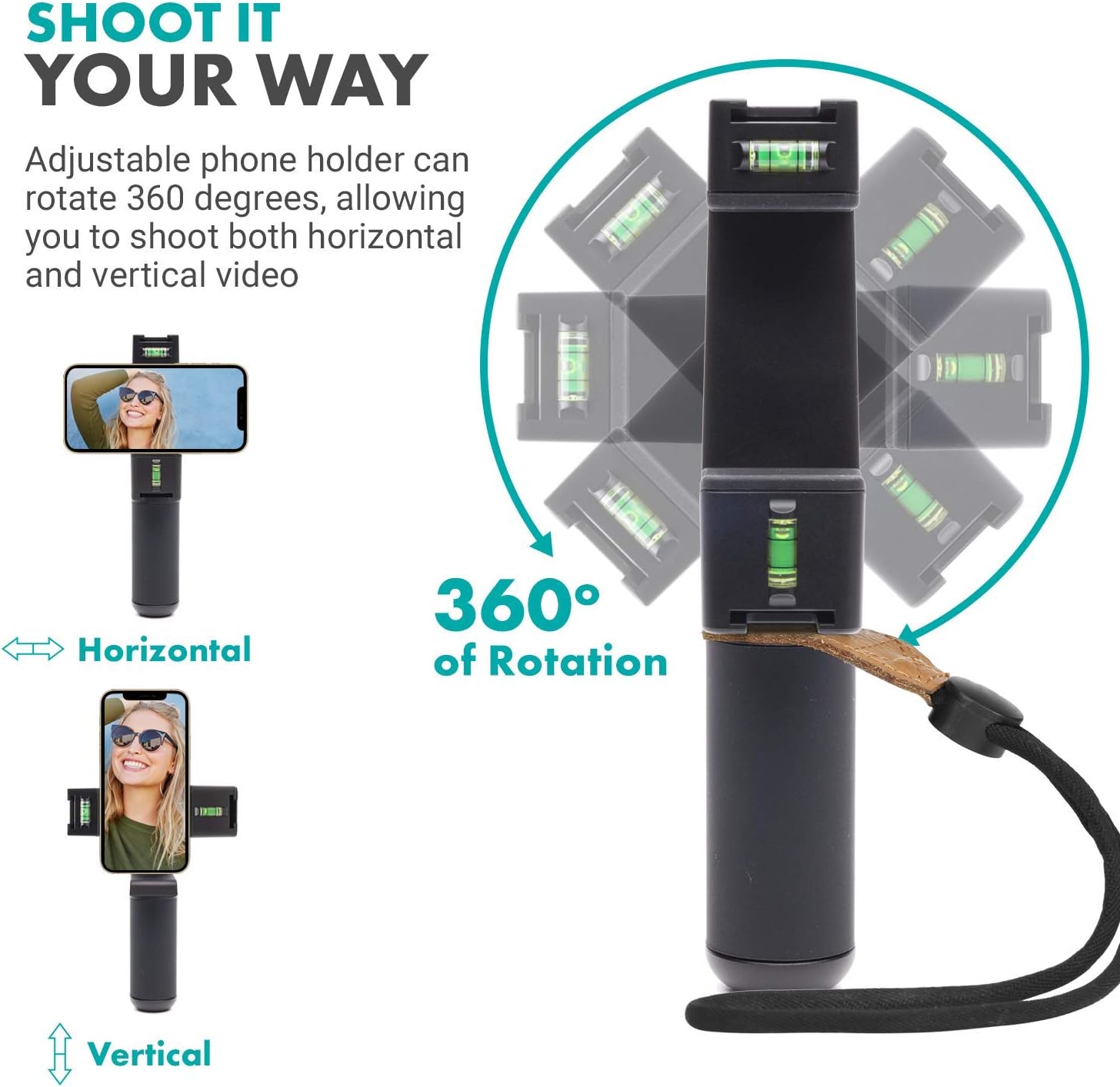 Movo PR-3 Rotating Smartphone Grip Handle Rig with Vertical and Horizonal Positions, Wrist Strap, Tripod Mount, Cold Shoe Mount for Lights and Microphones - for iPhone, Samsung, Google, Android Phones - Image 5