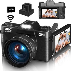 4K Digital Camera for Photography & Vlogging, 56MP YouTube Camera with WiFi, 3″ 180° Flip Screen, 16X Digital Zoom, 52mm Wide Angle & Macro Lens, 32GB TF Card, 2 Batteries – Black