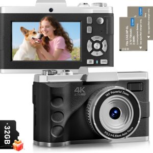 4K Digital Camera for Photography – Autofocus 64MP Vlogging Camera for YouTube Video, Dual Camera, Anti-Shake, 16X Zoom Compact Travel Cameras for Teens with 2 Batteries, 32GB Card (Black)