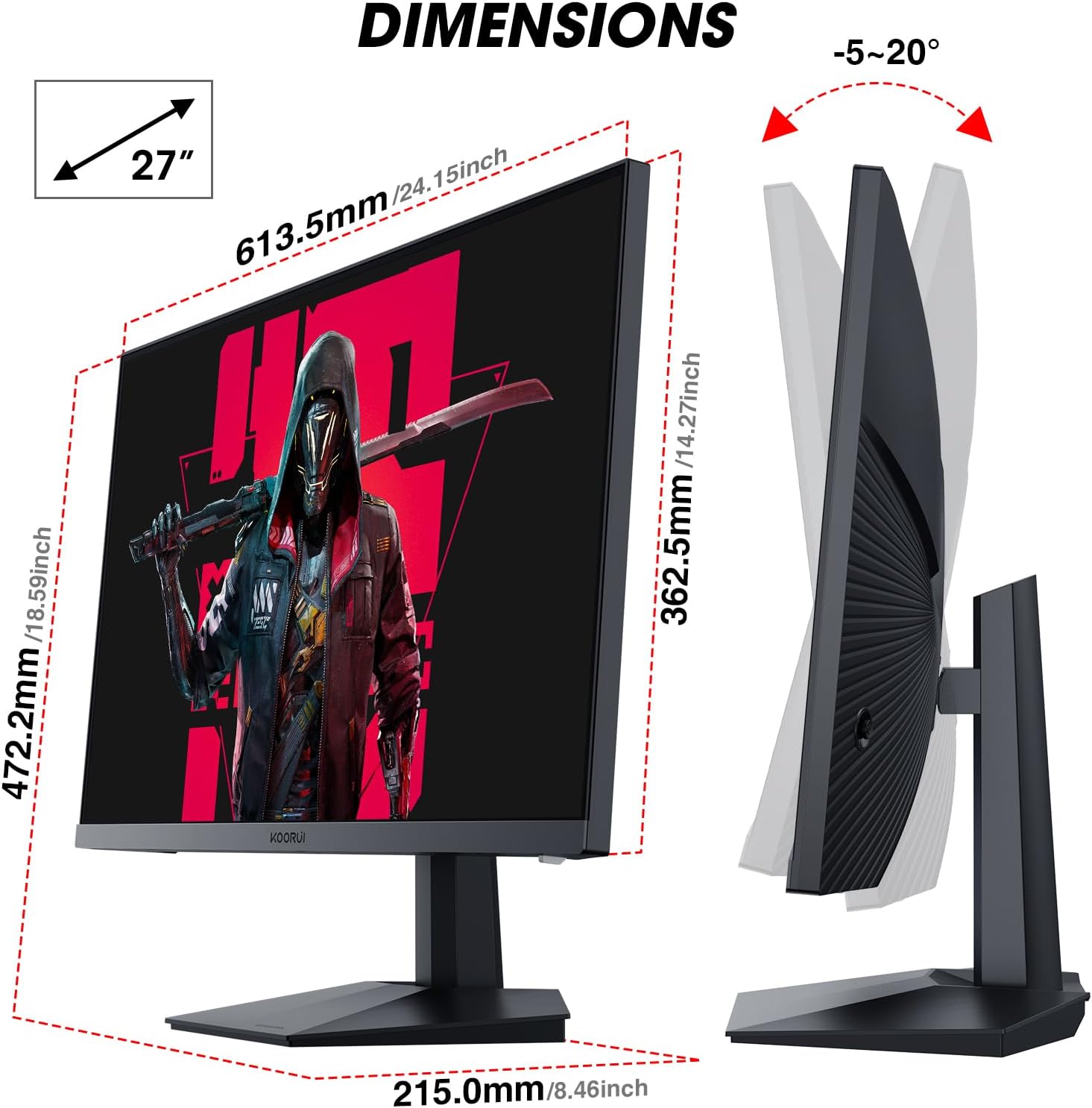 KOORUI GN02 27-inch 240Hz Gaming Monitor, 1ms FHD 1080p, G-SYNC and FreeSync Premium, HDMI 2.0/DP 1.4, Xbox PS5 Switch Ready, VESA, Tilt, Black - Image 7
