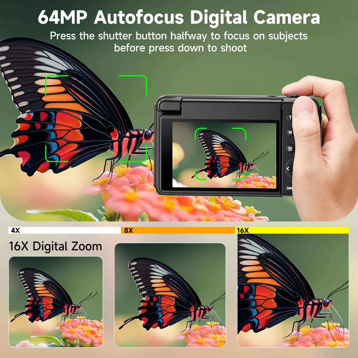 4K Digital Camera for Photography, Autofocus 64MP Vlogging Camera for YouTube with 3" 180° Flip Screen, 16X Zoom Compact Travel Point and Shoot Camera with Flash for Beginners, 64GB Card, Black - Image 3