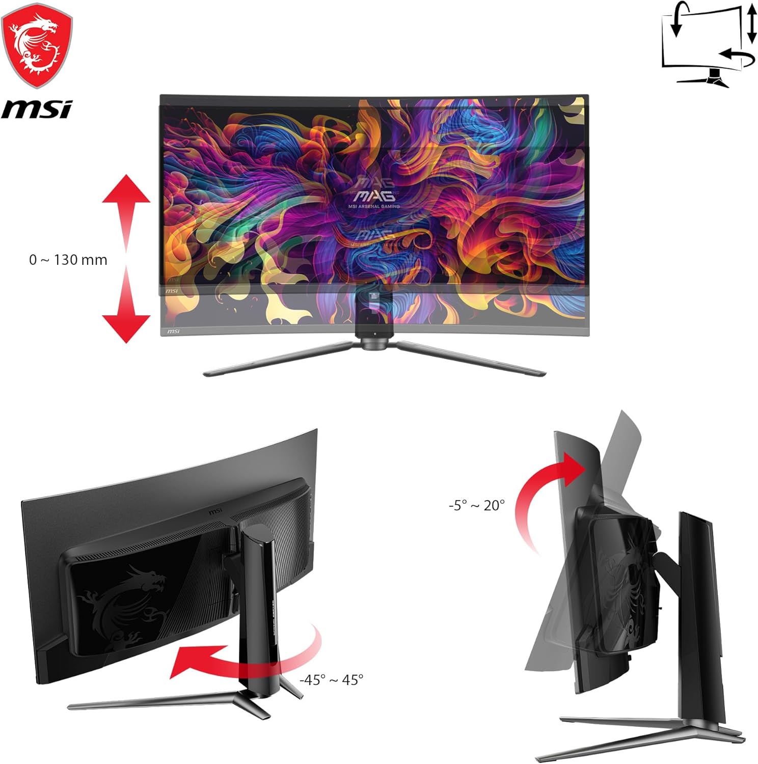 MSI MPG 341CQPX QD-OLED 34-inch Curved OLED Gaming Monitor, 3440 x 1440 (UWQHD), 0.03ms Response time, 240Hz, True Black HDR 400, HDMI, DP Port, USB Type C, Tilt, Height Adjustable - Image 5