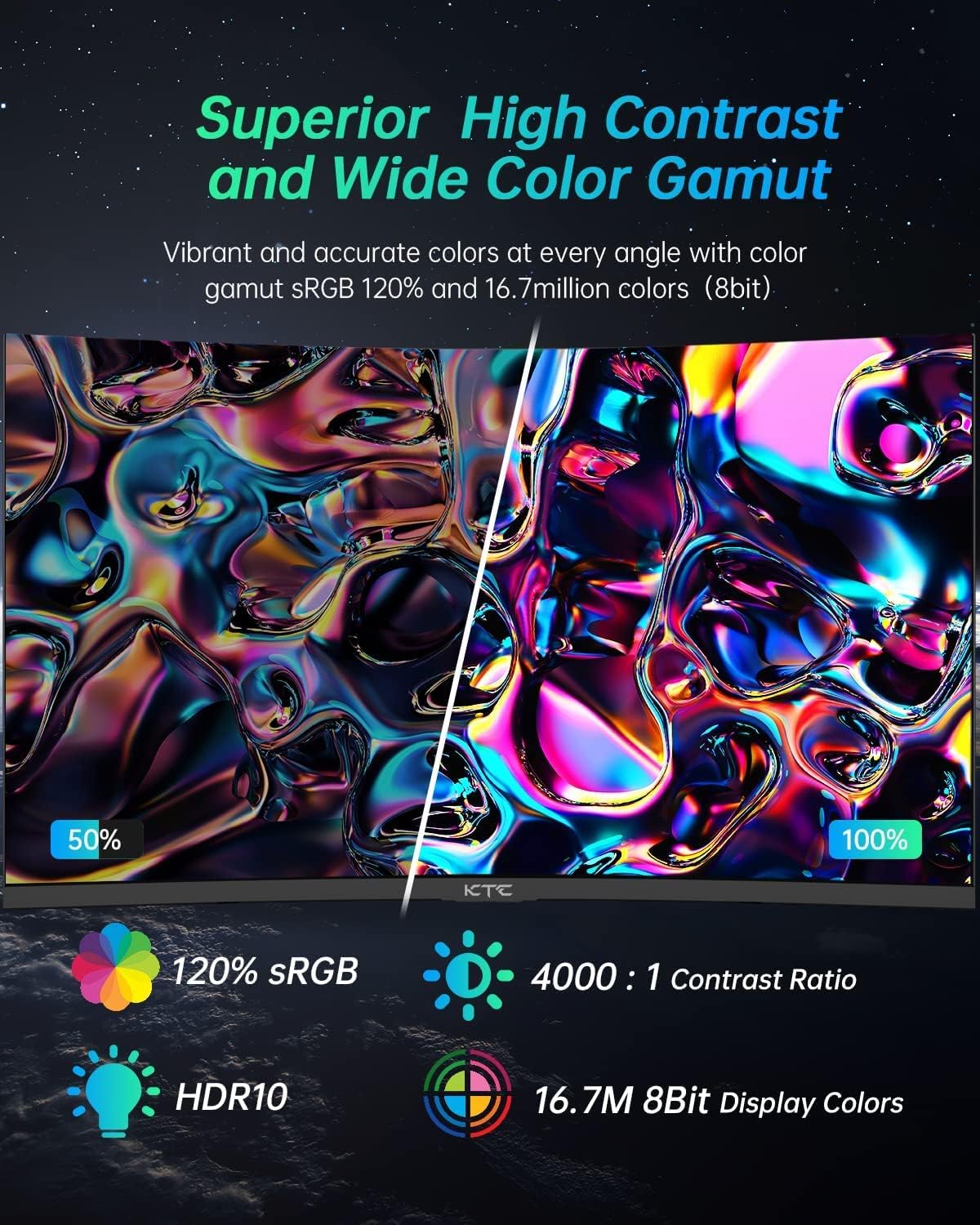 KTC 27 inch Gaming Monitor, 1440P Curved Monitor, 180Hz, 144Hz, 2K, 1500R, 1ms, FreeSync/G-Sync Compatible, DisplayPort/HDMI/USB, Ultrawide PC Vesa/Wall Mount Computer Monitor, H27S17 - Image 4