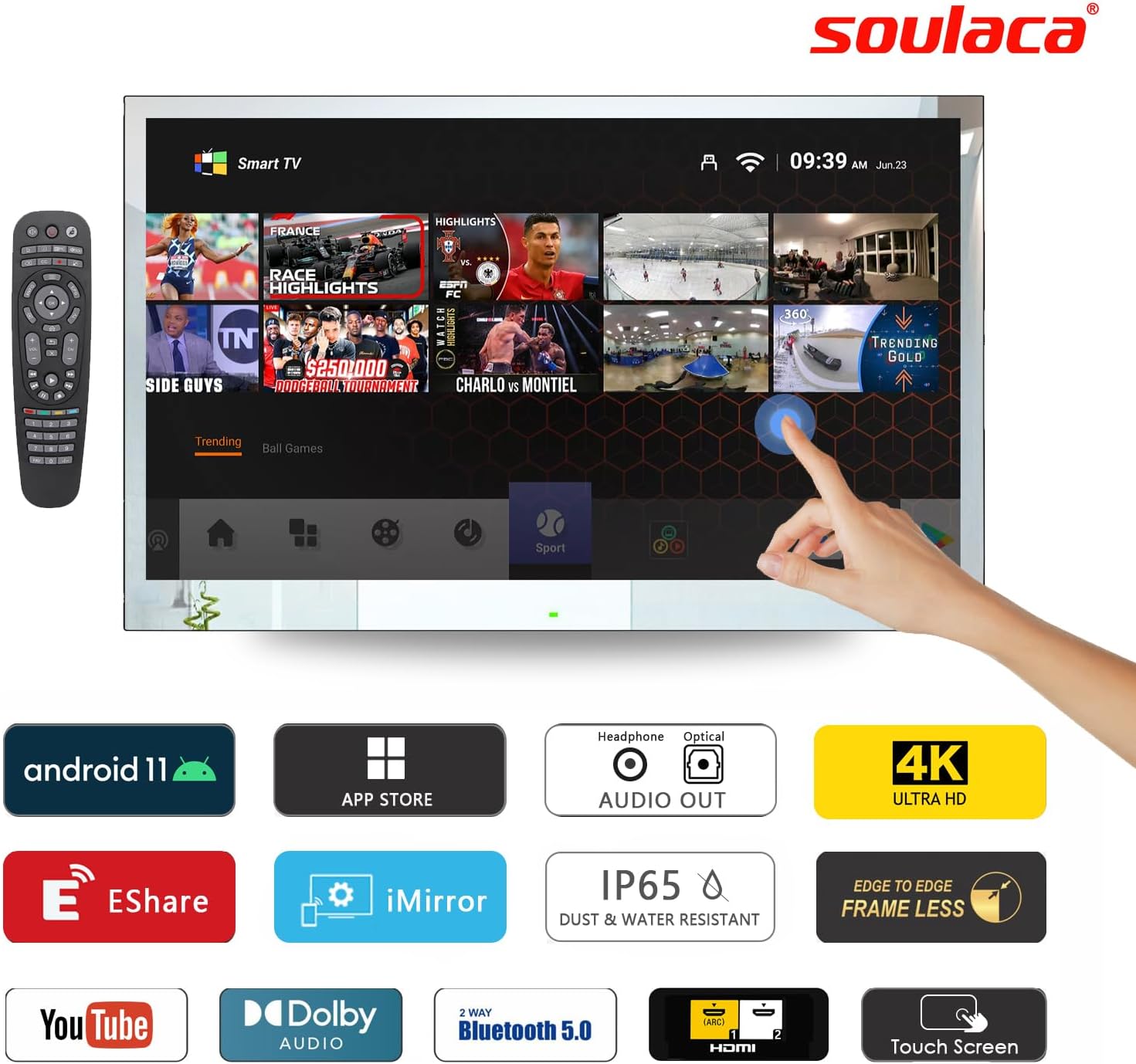 Soulaca 32 inches 4K Touchscreen Android Bathroom Mirror LED Smart TV IP65 Waterproof UHD WiFi Bluetooth Frameless ATSC SPA Hotel 2025 Model - Image 3