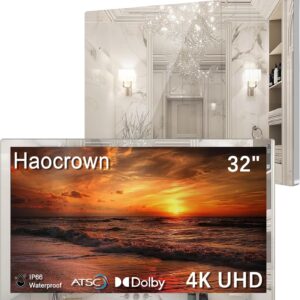 Haocrown 32″ 4K Ultra HD Smart Bathroom Mirror TV, IP66 Waterproof, Android 13 OS Built-in Voice Assistant (Remote with Mic), ATSC Tuner, 500 cd/㎡ High Brightness (Sliver Frame, 2025 Model)