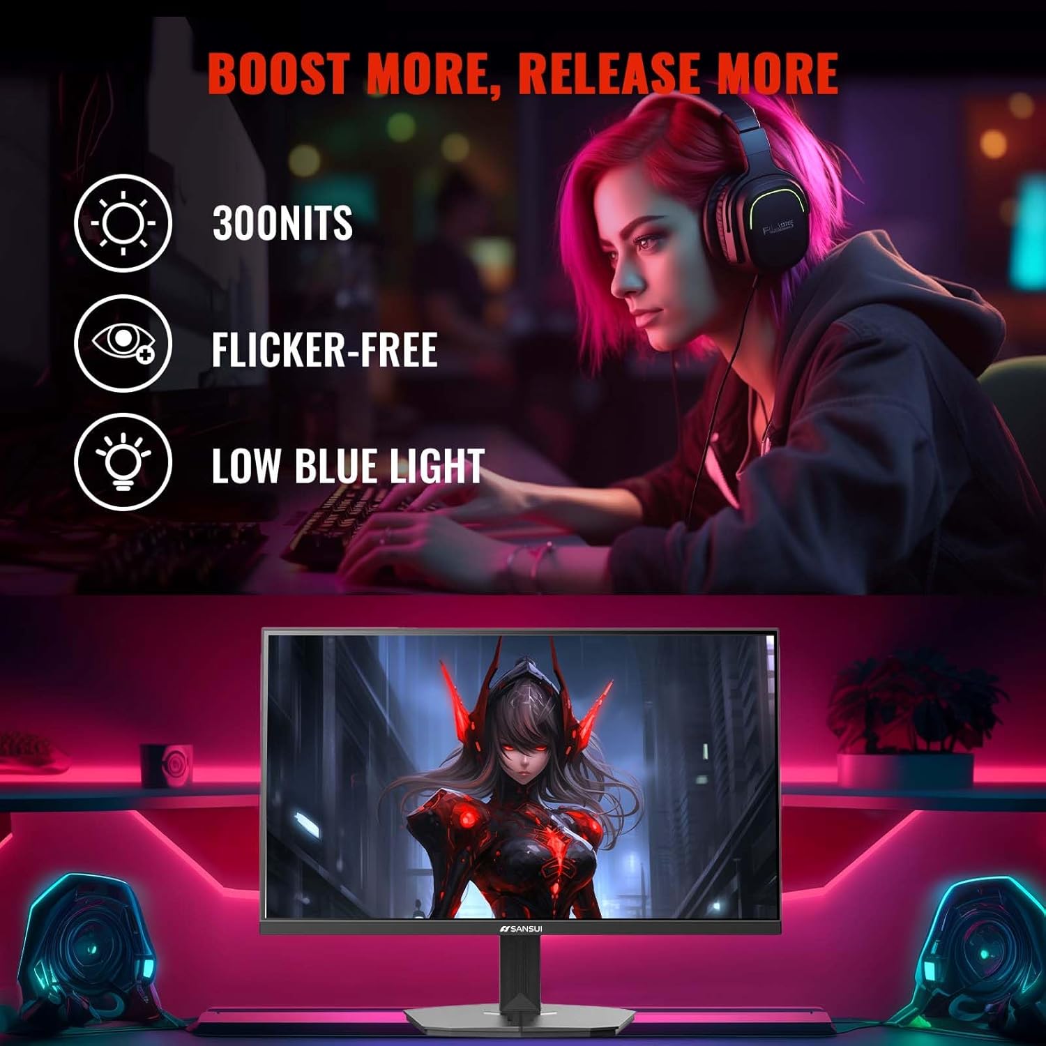 SANSUI 24 Inch Gaming Monitor 200Hz 1Ms FreeSync HDR 110% sRGB FHD 1080P Computer Monitor HDMI DP Ports Eye Care Frameless VESA Mount Cable Management (ES-G24F4L, HDMI Cable Included) - Image 6