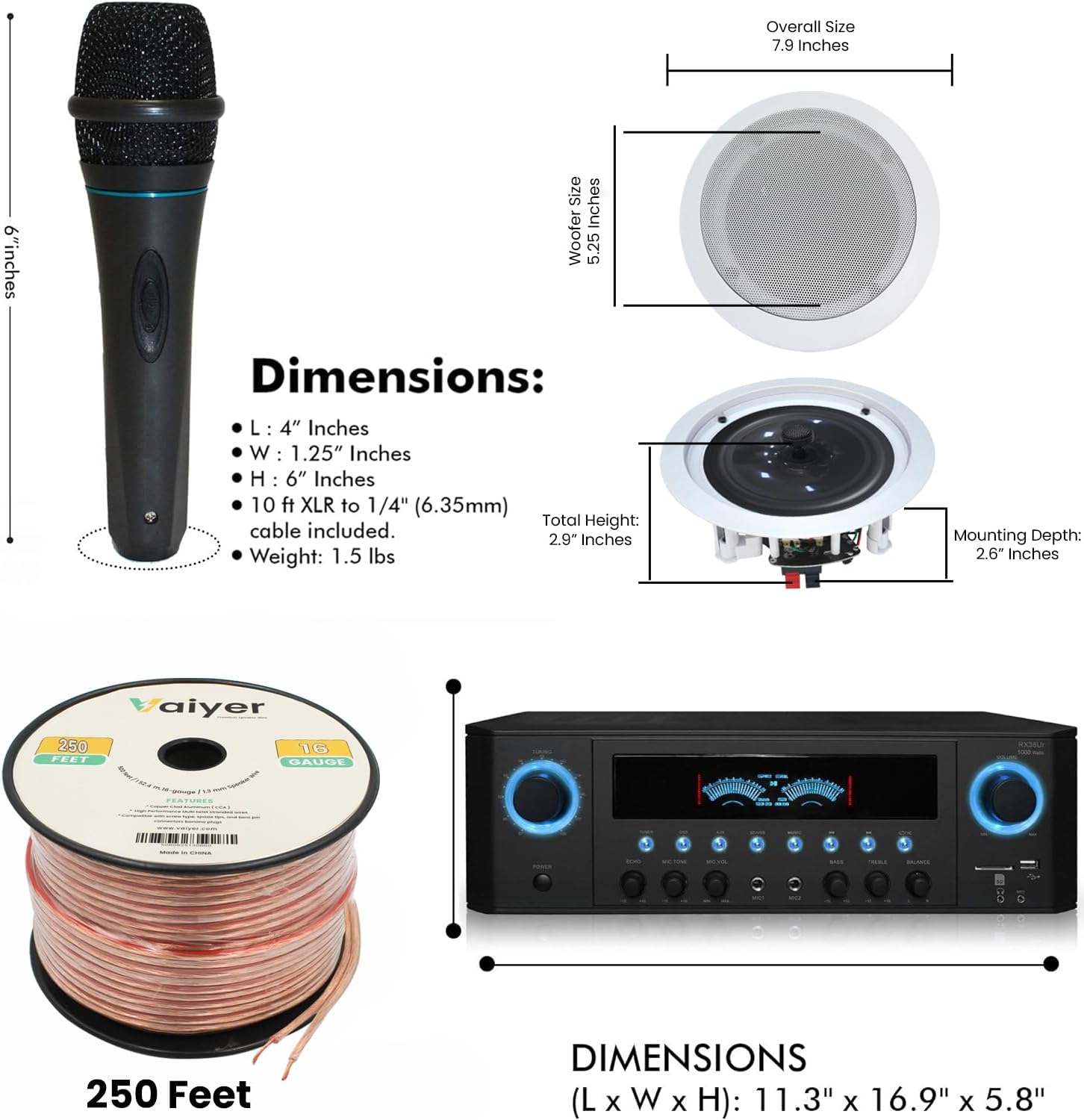 Home Theater System Kit 1000 Watts Amplifier w/USB, SD Card Inputs, (Qty 6) 5.25" Flush Mount in-Wall/in-Ceiling Stereo Speakers, Mic and 250 ft Speaker Wire | Perfect for Home, Office and Restaurants - Image 3