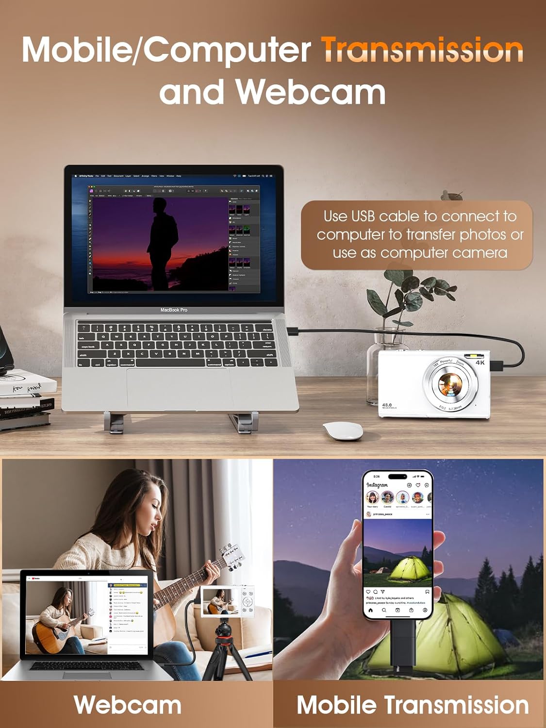 Digital Camera,Autofocus 4K Vlogging Camera for Photography with 32GB Card,48MP Portable Compact Point and Shoot Digital Camera for Teens Adult Beginner with 16X Zoom,Anti-Shake,2 Batteries(White) - Image 8