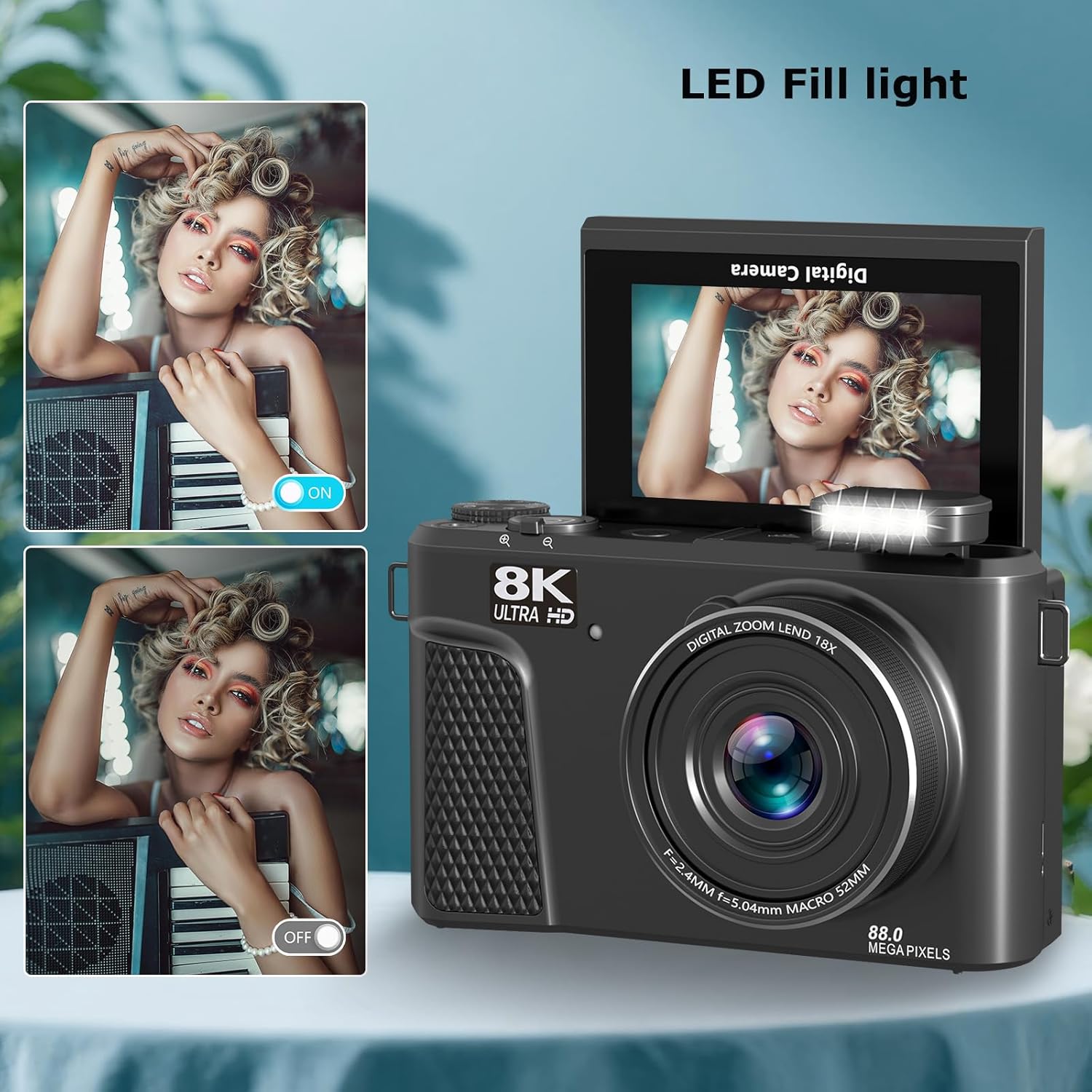 Camera for Photography, 8K 88MP Digital Camera for YouTube, Vlogging Camera with 3" 180° Flip Screen, Fill Light, WiFi, Filters, Beauty Features Includes 32GB Micro SD Card and 2 Batteries(Gunmetal) - Image 6