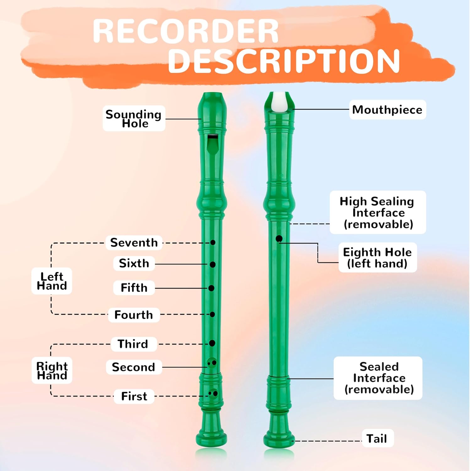 8-Hole Soprano Descant Recorder Baroque Style Kids Music Flute with Cleaning Rod & Case Bag for School Student Home Entertainment - Green - Image 3
