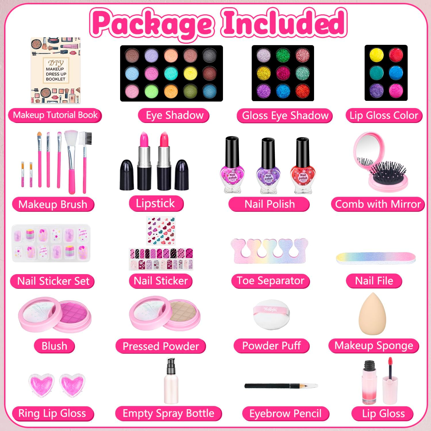 Hollyhi 59 Pcs Kids Makeup Kit for Girl, Washable Play Makeup Toys Set for Dress Up, Pretend Beauty Vanity Set with Cosmetic Case Birthday Toys for Girls 3 4 5 6 7 8 9 10 11 12 Year Old Kids Toddlers - Image 2