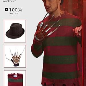 Arvilhill 3 Pcs Men’s Halloween Scary Costume Claws Sweater Hat Nightmare Outfits