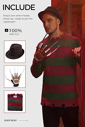 Arvilhill 3 Pcs Men's Halloween Scary Costume Claws Sweater Hat Nightmare Outfits