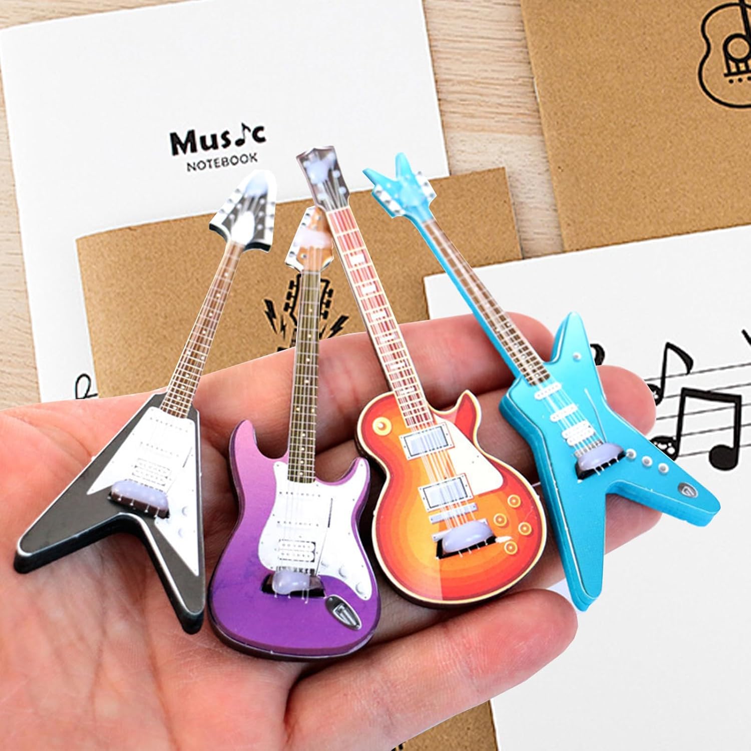4Pcs Mini Guitar Set, Miniature Electric Guitar & Bass Guitar Ornament, 1:12 Scale Wooden Miniature Musical Instrument for Dollhouse, Mini Music Room, Home Decoration, Guitar Décor - Image 5