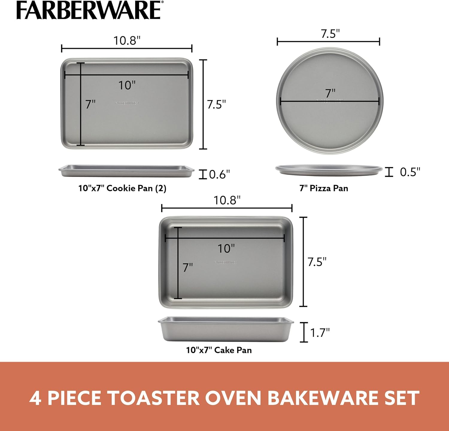 Farberware Bakeware Steel Nonstick Toaster Oven Pan Set, 4-Piece Baking Set, Gray - Image 2
