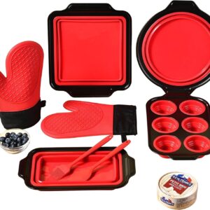 8 Piece Red Silicone Bakeware Sets, Nonstick Baking Pans, Silicone Baking Sheet Set with Press to Release Design, Oven Mitts, Spatula & Brush Flexible, Stackable, BPA Free, Dishwasher & Oven Safe